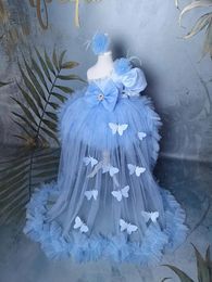 Girl Dresses Blue Princess With Detachable Train Toddlers One Shoulder Flower Dress 3D Butterfly Kids Birthday Party Gowns