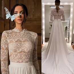 Church A Train Line Wedding Dresses for Bride Long Sleeves Lace Appliques Sheer Neck Elegant Ivory Tulle Bridal Gowns Spring Robe De Mariee ppliques