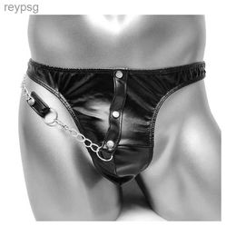 Briefs Panties Sexy Mens Faux Leather Thong Wet Look With Chain Studded G-string Underwear Clubwear Erotic Fetish Lingerie YQ240215