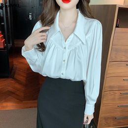 Women's Blouses Sexy White Chiffon Shirts Women 2024 Autumn Winter Elegant Korean Fashion Long Sleeve Office Ladies Puff Tops