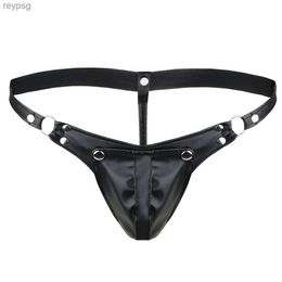 Briefs Panties Sexy Mens Faux Leather Gay Male Underwear Buckled Bulge Pouch G-string Jockstrap Underpants with Hole YQ240215