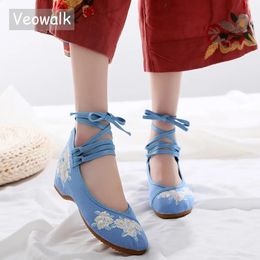 Veowalk Flowers Embroidered Women Canvas Ballet Flats Long Ankle Strap Casual Flat Shoes Ladies Walking Ballerinas 240202