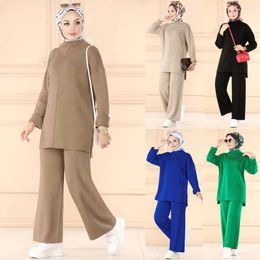 Ethnic Clothing Autumn Winter Knitted Muslim Sets Women Tops Pants Abaya Musulman 2 Piece Sweater Set Mubarak Ramadan Turkey Robe Party