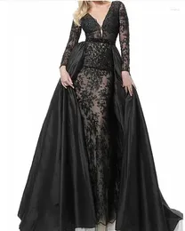 Party Dresses Dubai Full Lace Long Sleeves Evening Dress 2024 Mermaid V-neck Beads Satin Black Arabic Formal Gowns Vestidos De Noiva