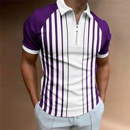 Men's Polos Male Casual Stripe Print Polo T Shirt Zipper Turn Down Collar Blouse Short Sleeve Vintage 2024 Summer Streetwear