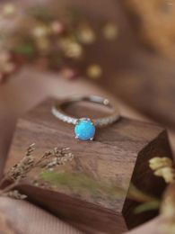 Cluster Rings Selling Pure 925 Silver Round Blue Opal Ring Inlaid With A Row Of Zircon Delicate Sweet Style For Women