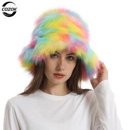 Winter Warm Faux Fur Bucket Hats For Women Outdoor Caps Soft Fleece Fisherman Cap Fluffy Earwarmer Ski Vacation Hats 240125