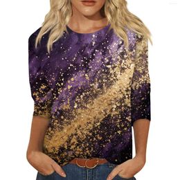 Women's T Shirts Simulated Sequined Flowing Gold Printed Three-Quarter Sleeve Tops Fashion Woman Blouse 2024 Shirt For Women Tee