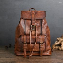 Backpack Men Genuine Leather 2024 Retro Large Capacity Portable Travel Bags Pack Nature Real Cowhide Laptop Backpacks Brown