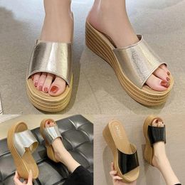 Sandals Fashion Summer Women Wedge Heel Middle Thick Sole Solid Color Sequins Lightweight Casual