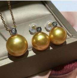Stud Earrings Gorgeous 10-11mm Round Natural South China Sea Gold Pearl Pendant Earring Set