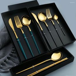 Dinnerware Sets Four Piece Set Of Stainless Steel Knives Forks Spoons Golden Steak Portuguese Tableware Kitchen Supplies