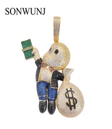 5 Colours Large Size High Quality Brass CZ stones Cartoon Men Money Bag pendant Hip hop Necklace Jewellery Bling Bling Iced Out CN0442436467