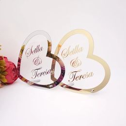 Heart Shape Custom Name Wedding Decoration Acrylic Mirror Frame Welcome Word Sign Party Decor With Nail Guests Favour Gift 240127