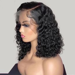 Bob Lace Wig Black Curly For Women Deep Water Wave Human Hair Wigs 100% Remy Natural Short Frontal T Part 240127