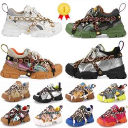 Flashtrek Removable Leather Mesh Crystals Green Thick Bottom Gem Chain Women Men Casual Shoes White Black Brown Blue Pink Silver