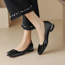 Dress Shoes 2024 Spring Women Pumps Genuine Leather For Square Toe Chunky Heel Shallow Button Single