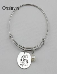 ALL YOU NEED IS LOVE AND A CUPCAKE Inspirational Hand Stamped Engraved Pendant Expandable Bangle Bracelet Jewelry,10Pcs/Lot, #LN2183B9336962