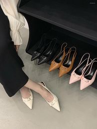 Dress Shoes Black/Beige/Brown/Pink Women Sandals Pointed Toe Summer Thin Mid Heels Back Strap Party Slides Mules 35-39