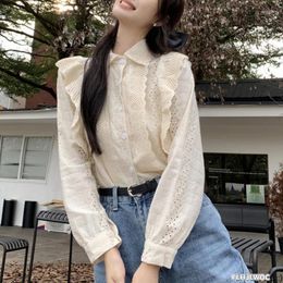 Women's Blouses Hollow Out Lace Tops 2024 Design Women Long Sleeve Elegant Office Lady Single-Breasted Button Basic Shirts