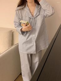 Women's Sleepwear 2pcs Pajamas For Women And Men Jacquard Striped Long-sleeved Laple Single-breasted Top Trousers Pijama Mujer Female