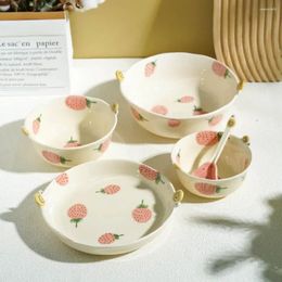 Bowls Red Net Ins Wind Creative Cute Strawberry Bowl Ceramic Set One-person Combination For Home Eating.