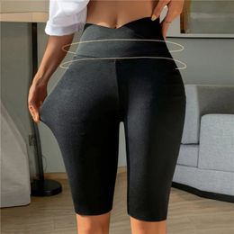 Seamless V-shaped cross waist yoga shorts suitable for womens exercise gym slimming knee length bottom nylon fitness leggings cycling shorts sportswear 240215