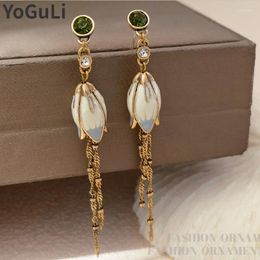 Dangle Earrings Trendy Jewellery 925 Silver Needle Green Glass Pretty Lotus Long Chain For Women Girl Party Wedding Gift 2024