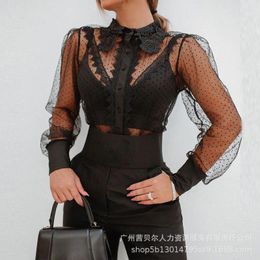 Women's Blouses Shirt Top Summer Sexy Lace Mesh See-through Puff Sleeve Women Single-Breasted Turn-down Collar No Underwear