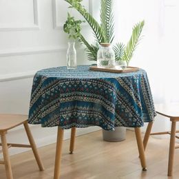 Table Cloth Blue Geometric Round Bohemian Print Tablecloth Mediterranean Style Napkin Cotton Linen Coffee Dia 150cm