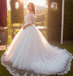 Ivory Wedding Dresses White Bridal Gowns Formal A Line Applique Custom Zipper Lace Up Plus Size Floor-Length Tulle Off-Shoulder Long Sleeve Sweep Train