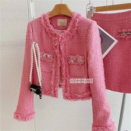 Fall Winter Tweed 2 Piece Sets Elegant Lady Luxury Beaded Tassel Jacket High Waisted Mini Skirts Suits Party Outfits Q758 240124