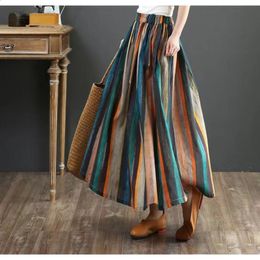 Johnature Women Striped A-Line Skirts Elastic Waist Cotton Linen Button Spring Vintage Women Clothes Korean Style Skirts 210521