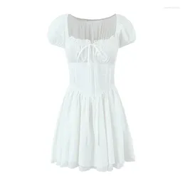 Party Dresses YENKYE Women Sweet Lace Trim Slim White Dress Short Sleeve Up Back Female Holiday Casual Summer Robe Cotton