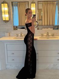 Casual Dresses Sexy Lace Black Mesh Sheer Hollow Out For Women Maxi Dress Elegant See Through Long Sleeve 2024 Lady Party Evening Robes