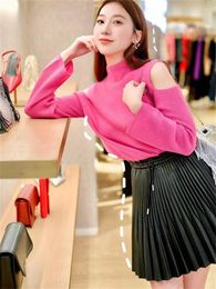 Work Dresses Early Spring 2024 Women Sweet Set Ladies Standing Collar Off Shoulder Knit Sweater Female Pu Pleated Mini Skirt