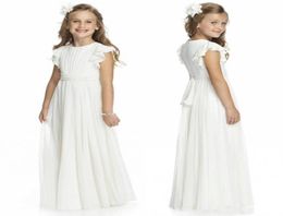 2020 Ivory Chiffon Long Floor Length Flower Girls Dresses For Weddings A Line Short Sleeve Custom Made Cheap First Communion Gowns2591120