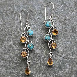 Dangle Earrings Boho Ethnic Blue Zirconia Water Drop Vintage Twist Wave Metal Long Pendientes Earring Wedding Jewellery Gift