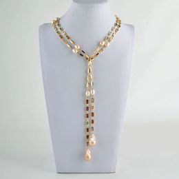 50 Cultured Pink Keshi Pearl Mixed Colour Rectangle Cz Pave Long Chain Necklace 240202