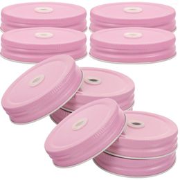 Dinnerware 10 Pcs Mason Jar Lids Leak-proof Metal Replacement One Body Sealing With Straw Hole Pink Reusable