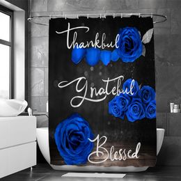1PC fabric shower curtain blue Rose Thankful Blessed Shower curtain in the bathroom and 12 plastic hooks 71x71in 240131