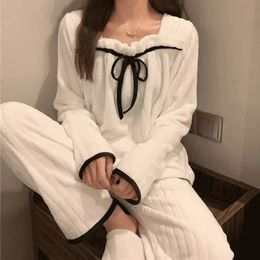 Square Collar Women Pyjamas Set Winter Sleepwear Fleece Velvet 2 Piece Pant Home Suit Fluffy Korean Solid Piiama Warm Night Wear 240201