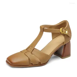 Sandals Women Genuine Leather Retro Female T-strap Shoes Summer Ladies Block Heel Square Toe Buckle 2024