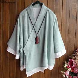 Ethnic Clothing Cotton And Linen Shirt Spring Top For Women Vintage Chinese Style Elegant Hanfu Female V-neck Blouse Double-deck