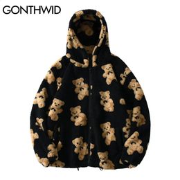 GONTHWID Fleece Hooded Jackets Streetwear Casual Harajuku Hip Hop Men Women Fashion Bear Print Full Zip Hooded Coat Tops Outwear 240202