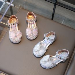 Children Sandals Fashion Crystal Princess Shoes 2024 Summer New Sequin Bow Girls Shoes All-match Bun Head Half Sandals