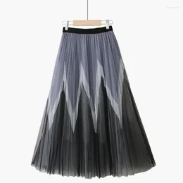 Skirts Fashion Pleated Skirt Woman Fall Contrast Colour Printed Lines Midi Slim Mesh High Elastic Waist Lolita Cool Match