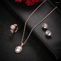 Necklace Earrings Set 3 Pcs Classy Dazzling Gemstone Ring Stud Combination Surprise Gift For Daughter Girlfriend Bridal