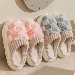 Slippers Women Shoes Winter Toe Wrap Warm Plaid Cotton Thick Soft Sole Slides Men Indoor Floor Flat Home Non-slip