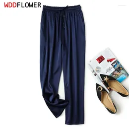 Women's Pants Women 93% Mulberry Silk 7% Spandex 20 Momme Solid Colour Navy Tapered Leg Long Tied-Waist Elegant Chic Trousers FF029